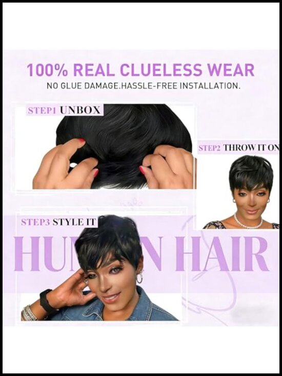Virgin Human Hair Pixie Cut Wig Short Layered Bangs Machine Made Glueless main image 5